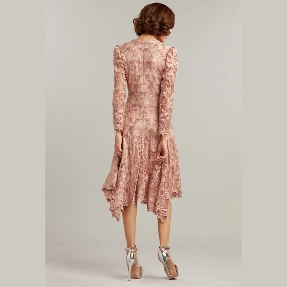 TADASHI SHOJI EVOTA LACE HANDKERCHIEF HEM COCKTAIL DRESS ANTIQUE PINK Size 4 NWT - Picture 3 of 17